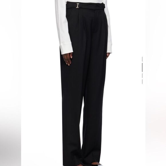 Ssense Lesugiatelier Black Wool Blend Pleated Tuxedo Trousers w Box Chain Belt - Picture 1 of 10